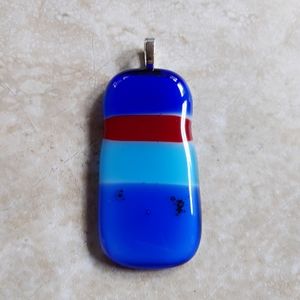 Vintage Handmade Blue & Red Fused Art Glass Rectangular Pendant